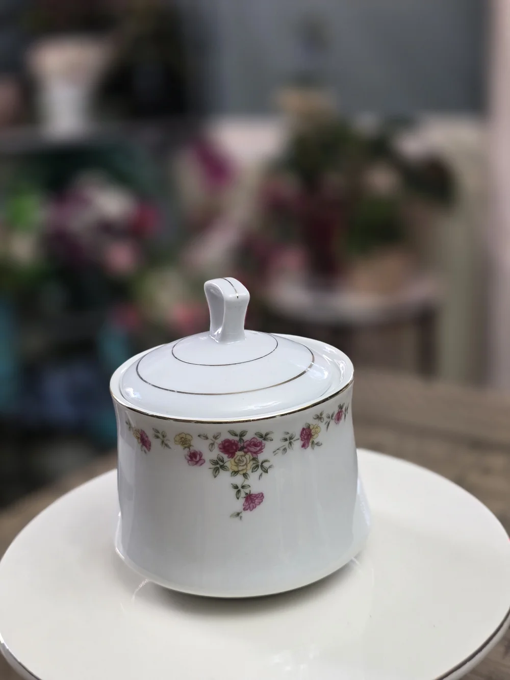 Porcelain Sugar Bowl with Pink Rose Motif - White and Gold Accent